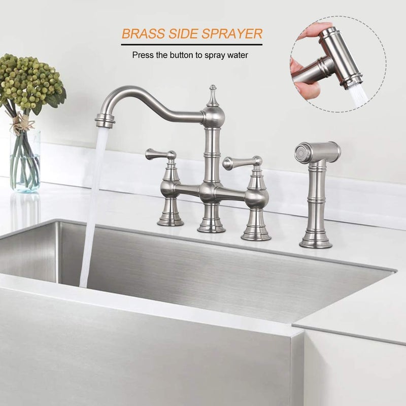 WOWOW 8 inch Centerset Bridge Kitchen Faucet with Brass Side Sprayer 2 Handles 4 Holes Antique Classic Heritage Deck-Mount Kitchen Sink Faucet, Brushed Nickel - Image 2